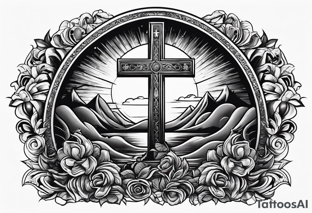 Tomb with cross and sun in the background tattoo idea