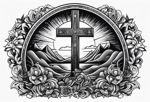 Tomb with cross and sun in the background tattoo idea