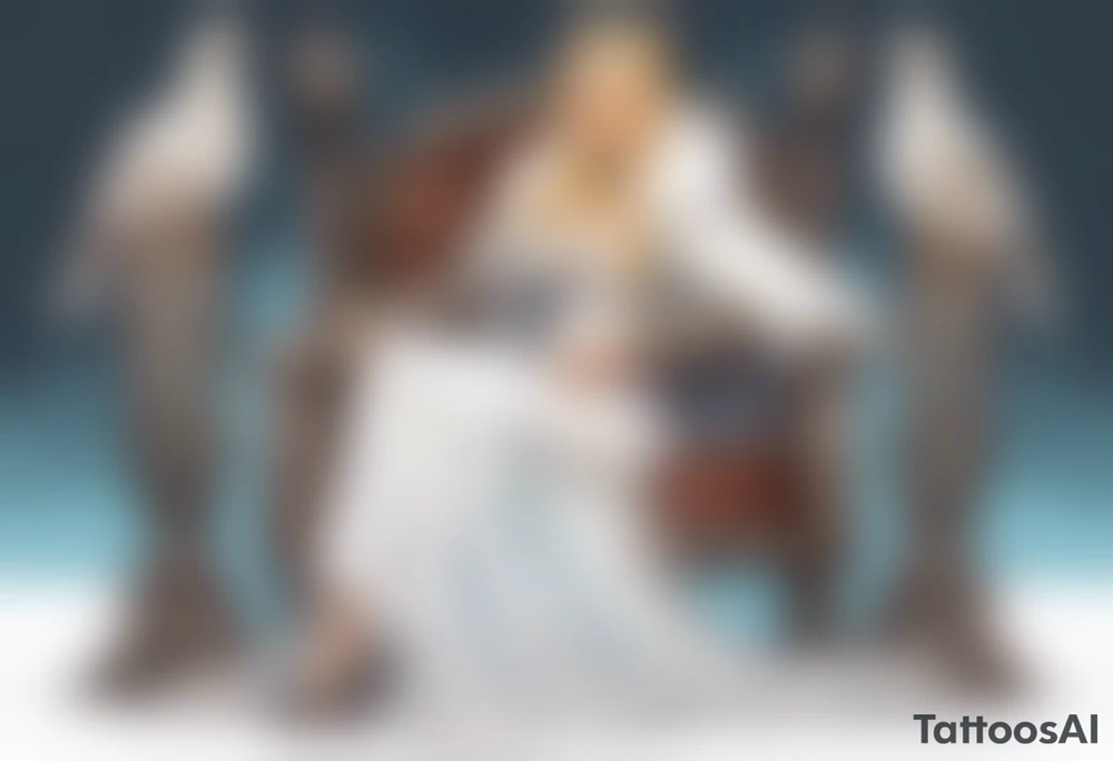 a 45-year-old Viking queen with blonde hair wearing a white fur cloak sitting on a throne with a dove on her shoulder tattoo idea