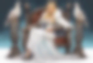 a 45-year-old Viking queen with blonde hair wearing a white fur cloak sitting on a throne with a dove on her shoulder tattoo idea