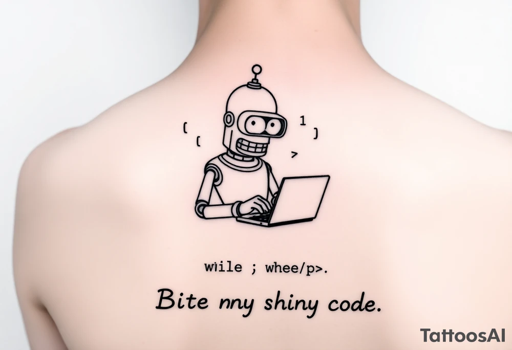 Minimalist black line art tattoo of a robot inspired by Bender from Futurama, typing on a small laptop. Around him, include subtle programming symbols like binary code, angle brackets, or 'while (true) {}'. Add a small humorous caption below: 'Bite my shiny code' in monospaced font. Designed for shoulder placement – clean and compact. tattoo idea