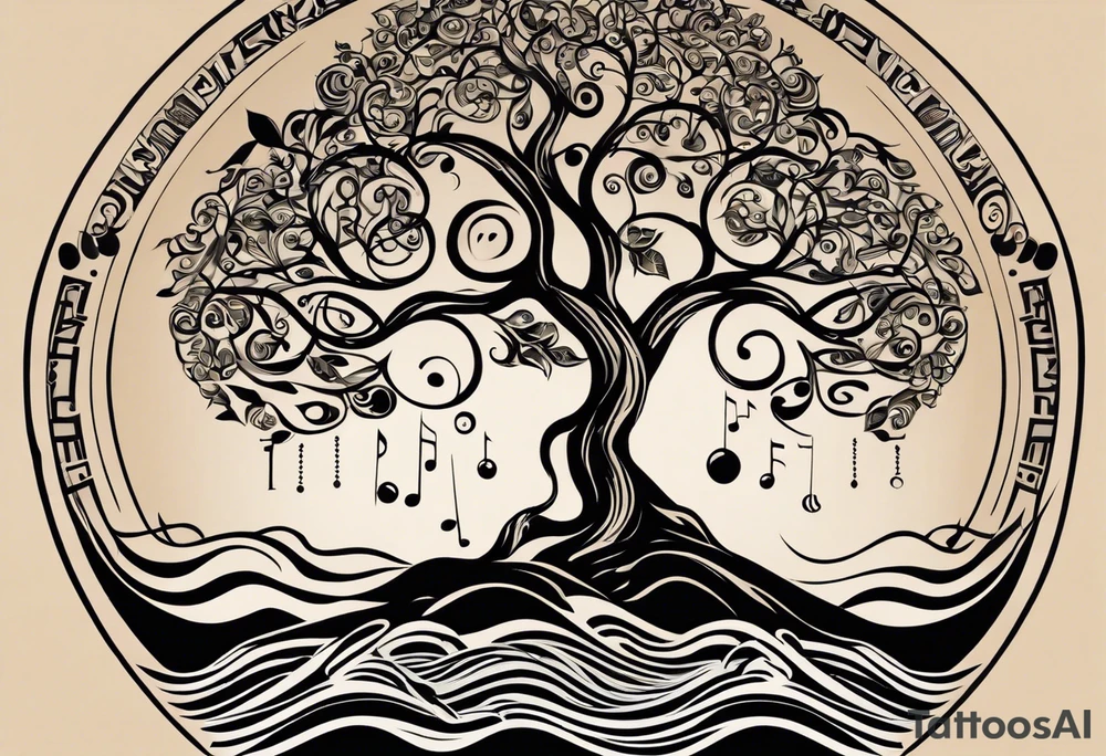 A tattoo design that incorporates the following elements: an abstract tree of life that has roots emerging  from the ground. Waves of water encapsulate the tree and wind around it in an organic way.  Incorporate music.   the letters U and A are overlapping and engraved into the tree. The game of golf incorporated but not prominent. tattoo idea