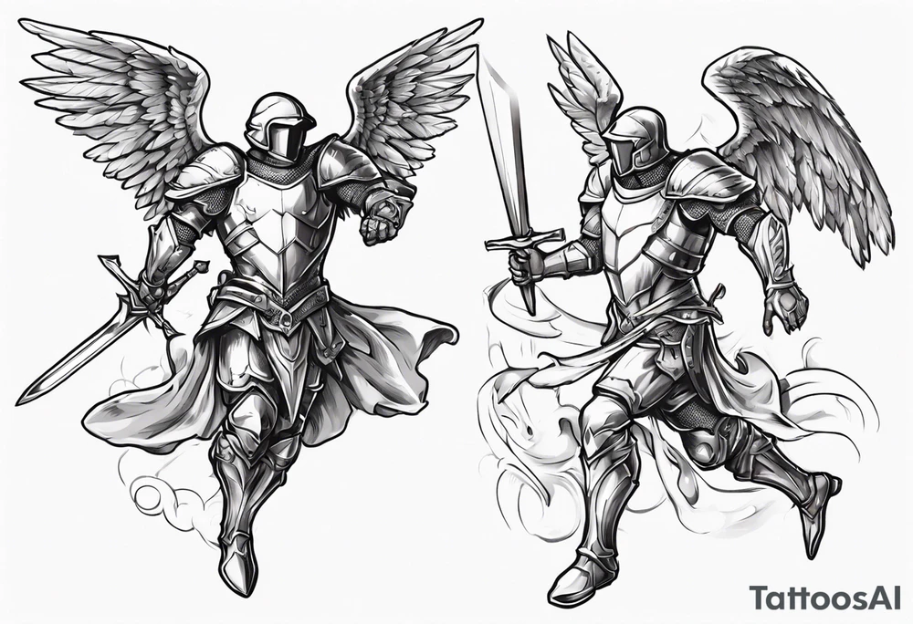 An angel Knight in mid-air with his sword about to attack in isometric view tattoo idea