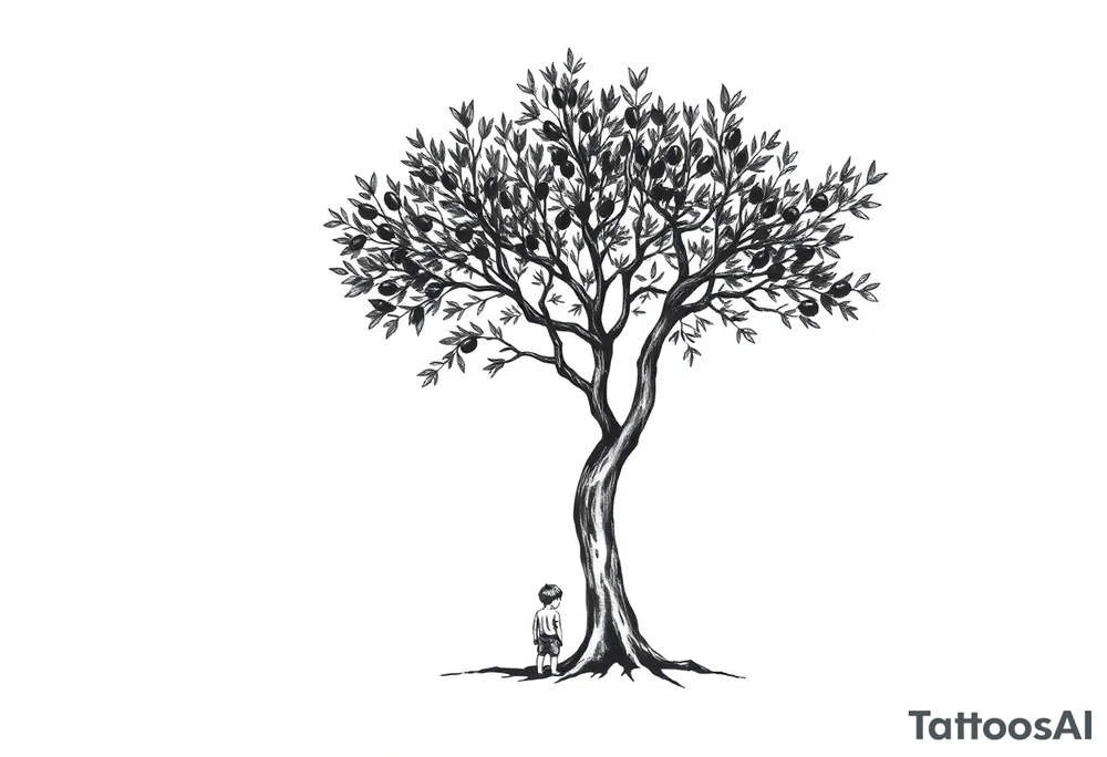 A big olive tree with a child under it tattoo idea