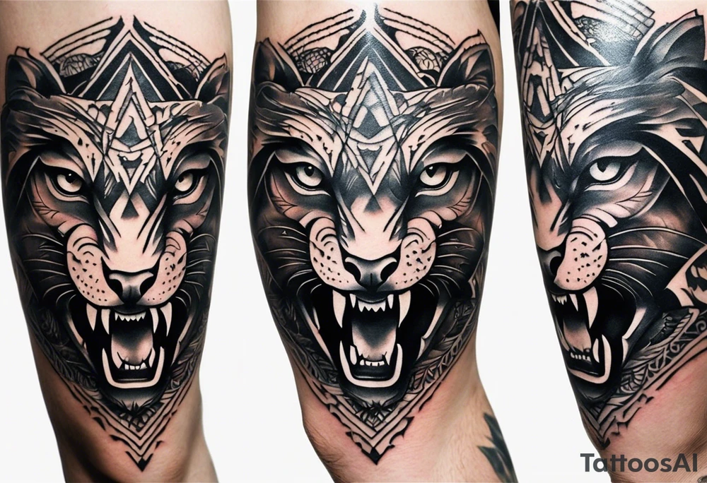 A tattoo for the knee featuring the face of a mythological creature, with fierce, exaggerated features like sharp fangs, intense eyes, and a wild expression. From its eyes, beams of light or energy radiate outward in a dynamic pattern. The design should feel bold and powerful, flowing naturally with the shape of the knee. Non geometrical desing tattoo idea