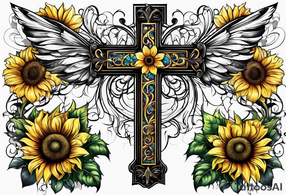 Winged cross with sunflower and butterflies tattoo idea