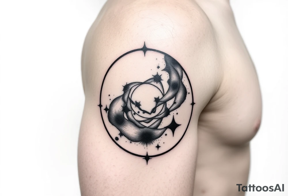 A galaxy themed tattoo, bordered with a oval shaped frame tattoo idea