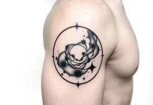 A galaxy themed tattoo, bordered with a oval shaped frame tattoo idea