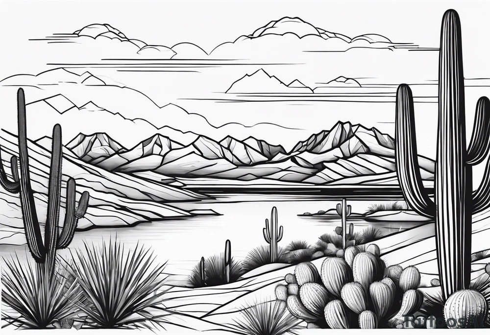 Arizona desert with lakes and mountains over cactus tattoo idea