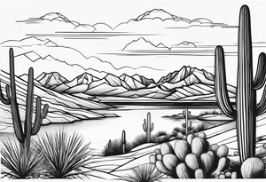 Arizona desert with lakes and mountains over cactus tattoo idea