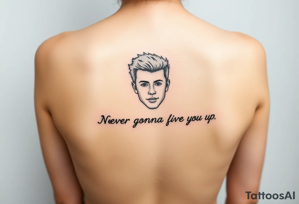 Young Rick Astley Face and Never Gonna Give You Up text tattoo idea