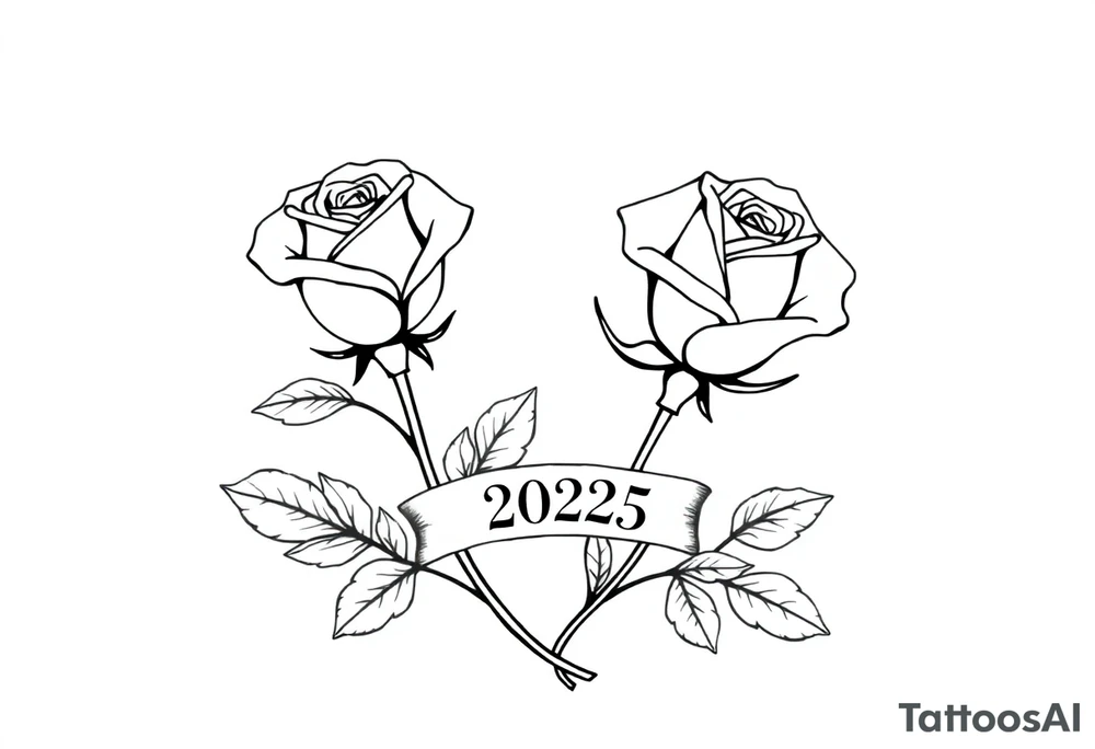 two beautiful large rose buds, one larger than the other, with many leaves next to the rose buds, with one sitting higher than the other. Include a banner connecting the two roses with the year 2025 on it.   Use dark outlines with little shading. The two stems should be short, not long, and connect and join into one stem, whimsically curved or twisted - not straight down. tattoo idea