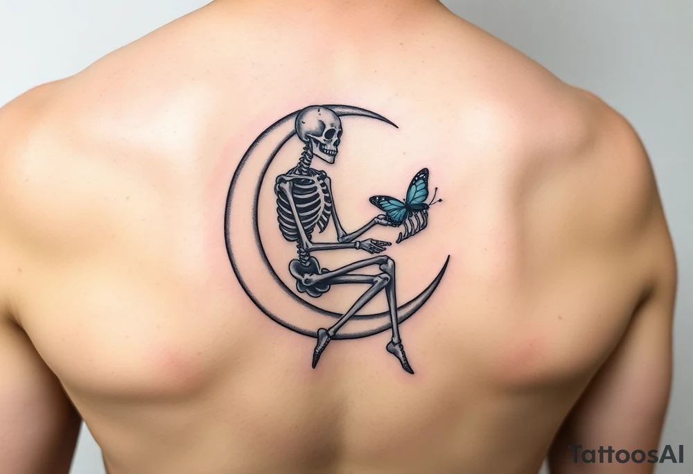 Skeleton sitting on crescent moon holding butterfly tattoo idea