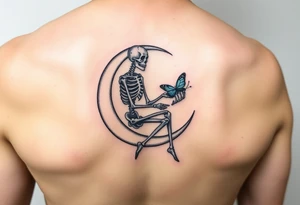 Skeleton sitting on crescent moon holding butterfly tattoo idea