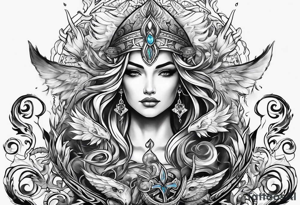A triton staff with power symbols tattoo idea