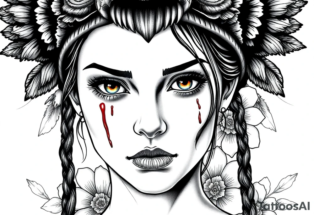 Young Symmetrical Beautiful Woman, looking forward, with colored eyes, shedding a tear, with battle scars and blood on face, with soft look, wearing a mean looking bear headdress on head, with flower background tattoo idea