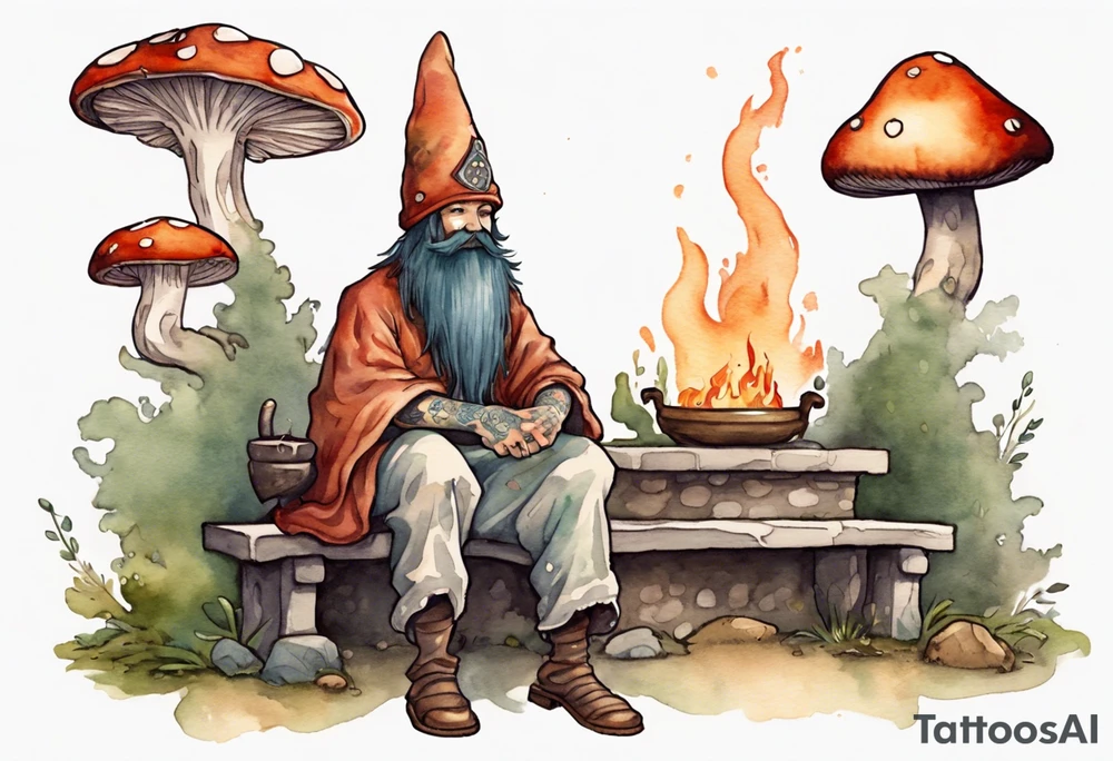 a myconid with a long beard wearing a mushroom hat and medieval tunic sitting on a bench by a fireplace drinking from a wood cup, smiling tattoo idea