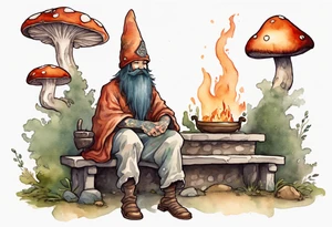 a myconid with a long beard wearing a mushroom hat and medieval tunic sitting on a bench by a fireplace drinking from a wood cup, smiling tattoo idea
