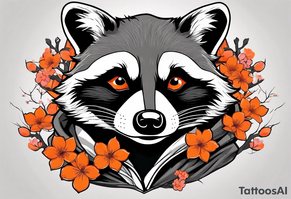 Raccoon wearing a white Superman logo on a black hoodie and orange Japanese cherry blossoms beside tattoo idea