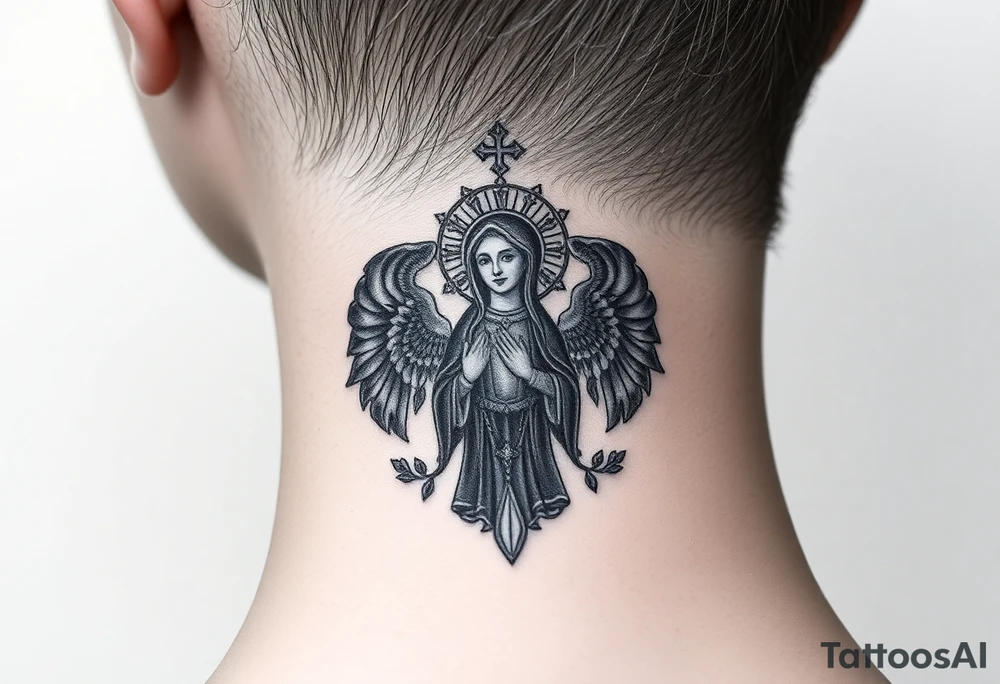 russian coat arms in a christian orthodox style virgin mary on the side of the neck tattoo idea