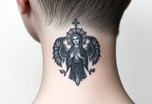 russian coat arms in a christian orthodox style virgin mary on the side of the neck tattoo idea