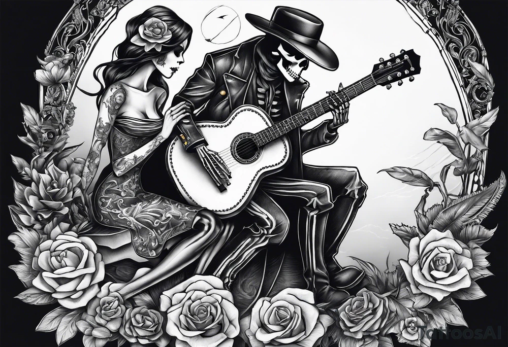 a male skeleton playing guitar while a female skeleton listens tattoo idea