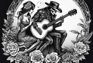 a male skeleton playing guitar while a female skeleton listens tattoo idea