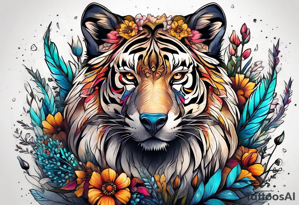 Wild brave animal in wildflowers tattoo idea