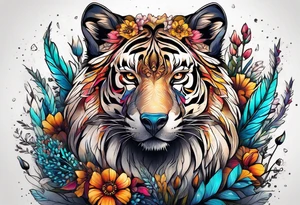 Wild brave animal in wildflowers tattoo idea