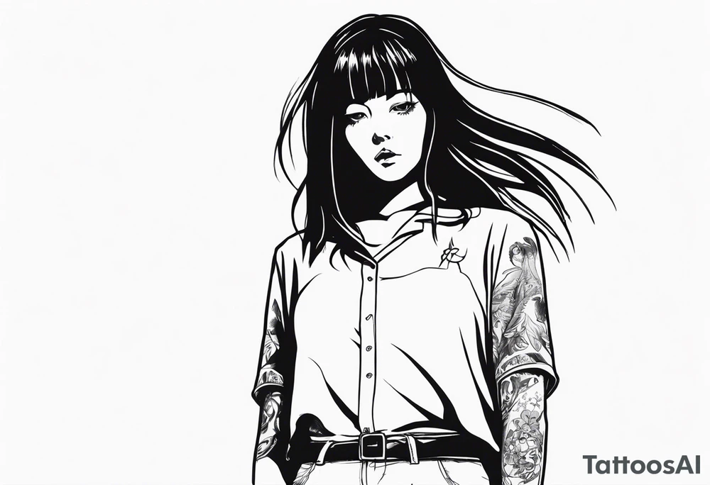 portrait of tomie standing up a character by the horror manga author junji ito full body standing murderously. add more horror and gore elements tattoo idea