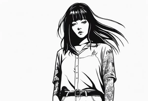 portrait of tomie standing up a character by the horror manga author junji ito full body standing murderously. add more horror and gore elements tattoo idea