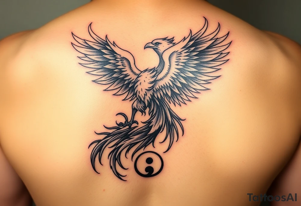 a phoenix in fire, rising from the ashes of his previous selfs, scattered and broken - burning, symbolized with his world - the world - a yin and yang symbol as symbol for harmony (or another symbol?) and my world is also my 2 girls , so perhams 2 J's in the earth/yn-yang-symbol or on another way ... i love the colourful realistic oldskool metal vibe tattoos... (although the thrash-style is also appreciated) tattoo idea