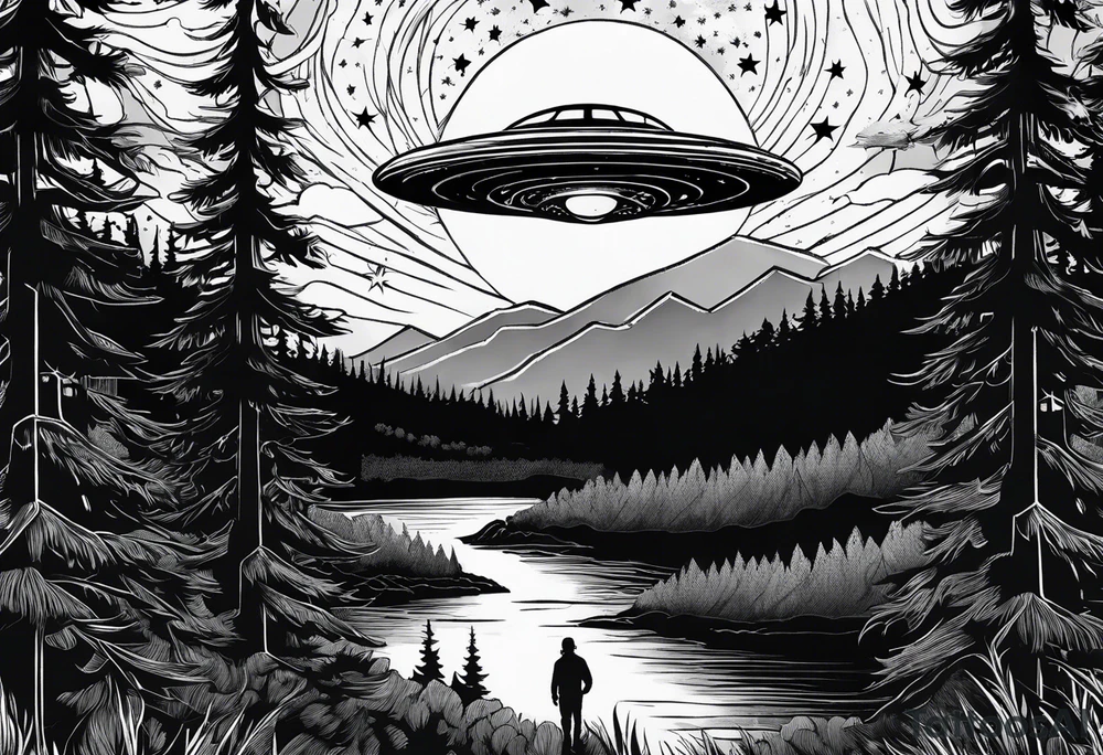 forest with trail and above is night sky with stars and 1 small ufo tattoo idea