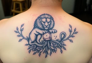 knight and Lion intertwined with tree roots and roses rolling dice tattoo idea