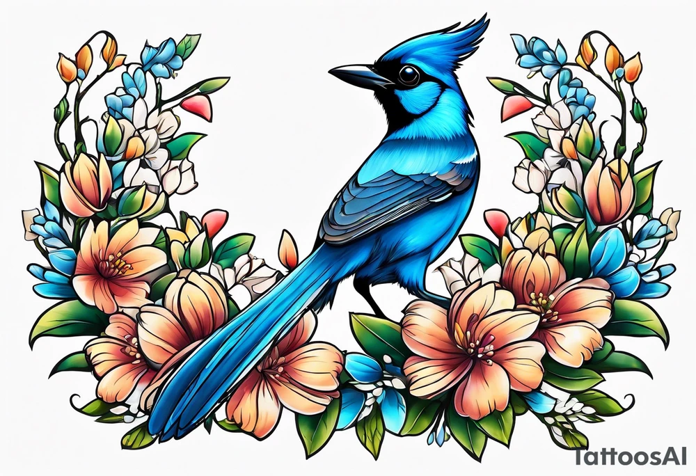 Steller’s Jay bird with flowers tattoo idea