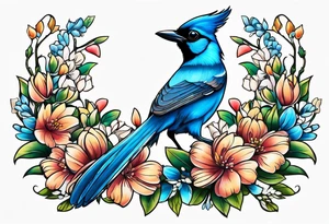 Steller’s Jay bird with flowers tattoo idea