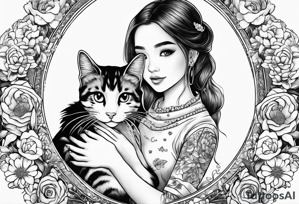 cute girl with baby's breath flower with a dog and a cat and eat beefsteak tattoo idea