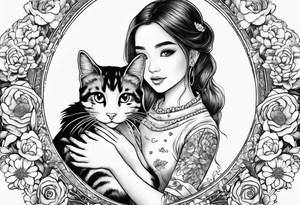 cute girl with baby's breath flower with a dog and a cat and eat beefsteak tattoo idea