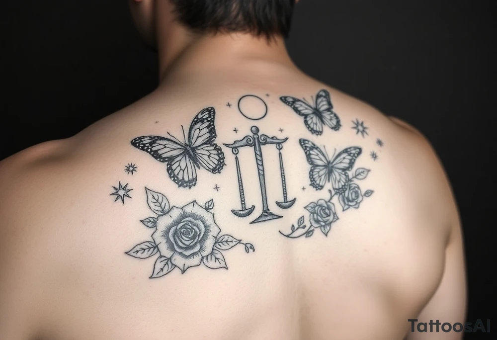 Butterflies and stars and moons and roses and the libra zodiac sign tattoo idea