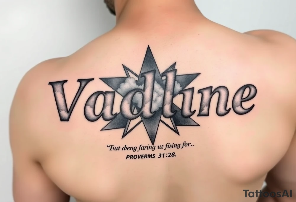 The name Vadline large print text on a human forearm in stencil format hot dog direction hyper realistic star with lots of clouds and subtext underneath is the quote proverbs 31:28 from the Bible with white highlights and shading everywhere looking freshly done and very unique tattoo idea