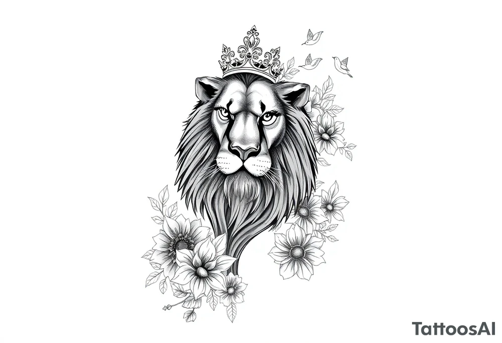 powerful majestic lion with a crown, surrounded by floral ornaments and birds tattoo idea