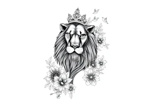 powerful majestic lion with a crown, surrounded by floral ornaments and birds tattoo idea