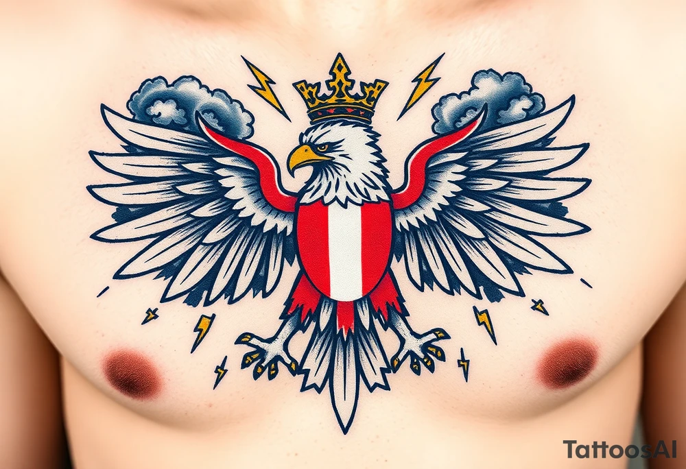 A red and white The Moravian eagle  with golden crown on its head surrounded by a storm, with dark clouds and lightning bolts tattoo idea