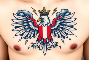 A red and white The Moravian eagle  with golden crown on its head surrounded by a storm, with dark clouds and lightning bolts tattoo idea