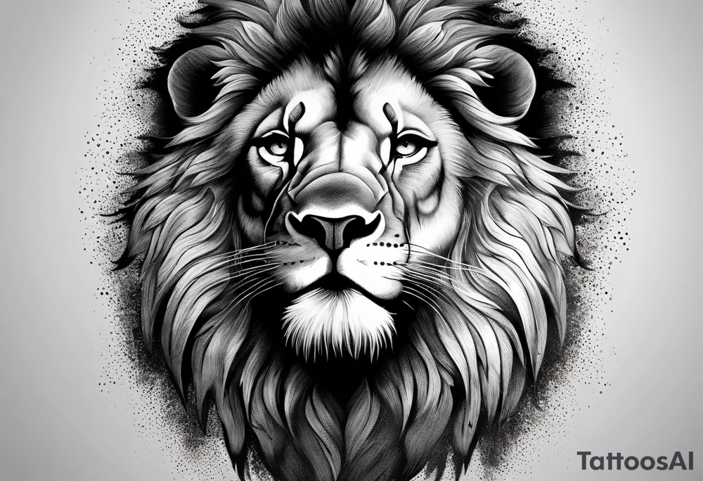 A roaring lion’s face with a flowing mane, emphasizing strength and courage, detailed fur textures tattoo idea