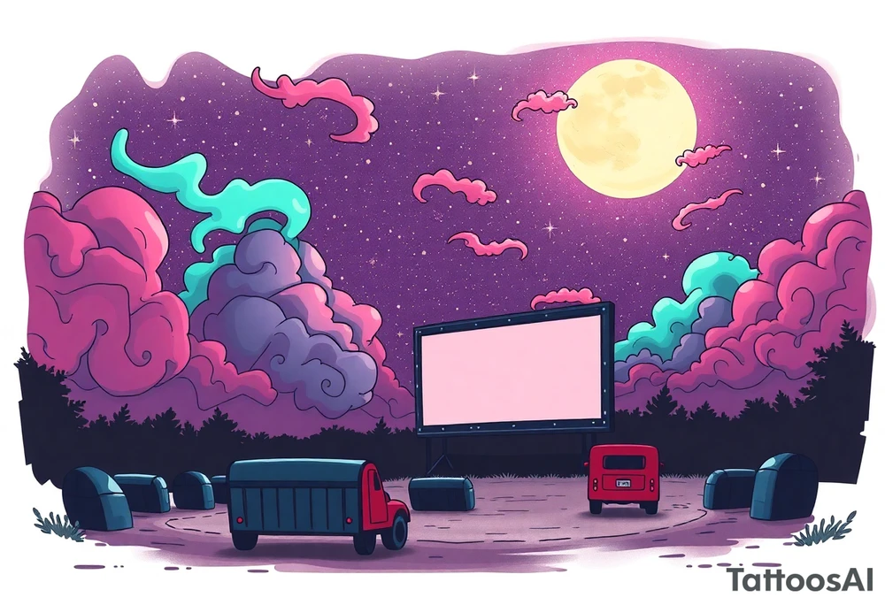 Tim Burton’s 40s drive in movie from outside view and dripping with muted reds, dusty pinks, and eerie green glow purple and cyan smokey clouds swirl and dance in the moonlit night sky filled with twinkling stars  tattoo idea tattoo idea