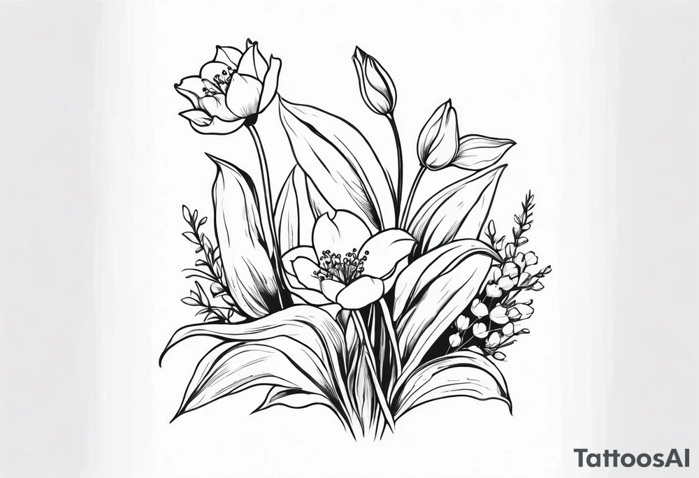 Lily of the valley, rose, greenery, tiny frog, tulips, grasses lower arm tattoo idea