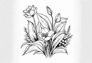 Lily of the valley, rose, greenery, tiny frog, tulips, grasses lower arm tattoo idea