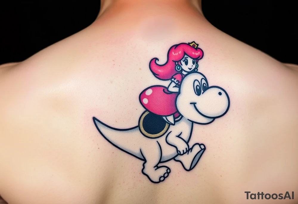 Princess Peach riding Yoshi from Mario Bros with vibrant colors tattoo idea