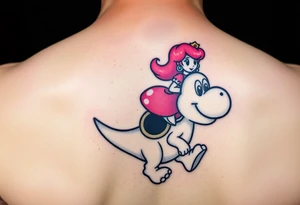 Princess Peach riding Yoshi from Mario Bros with vibrant colors tattoo idea